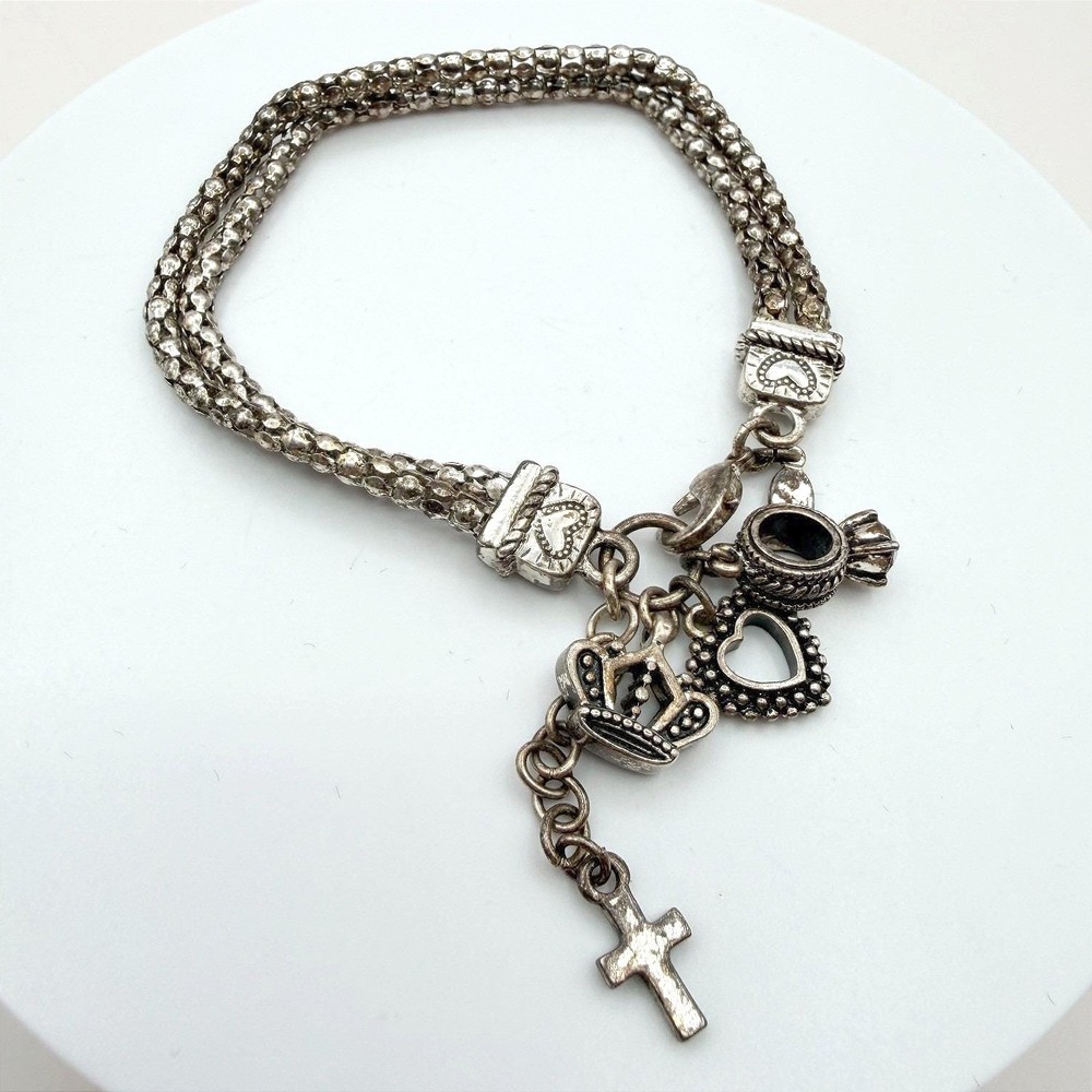 Vintage 90s Silver Tone AB‎ Rhinestone Charm Bracelet Religious Women's Jewelry